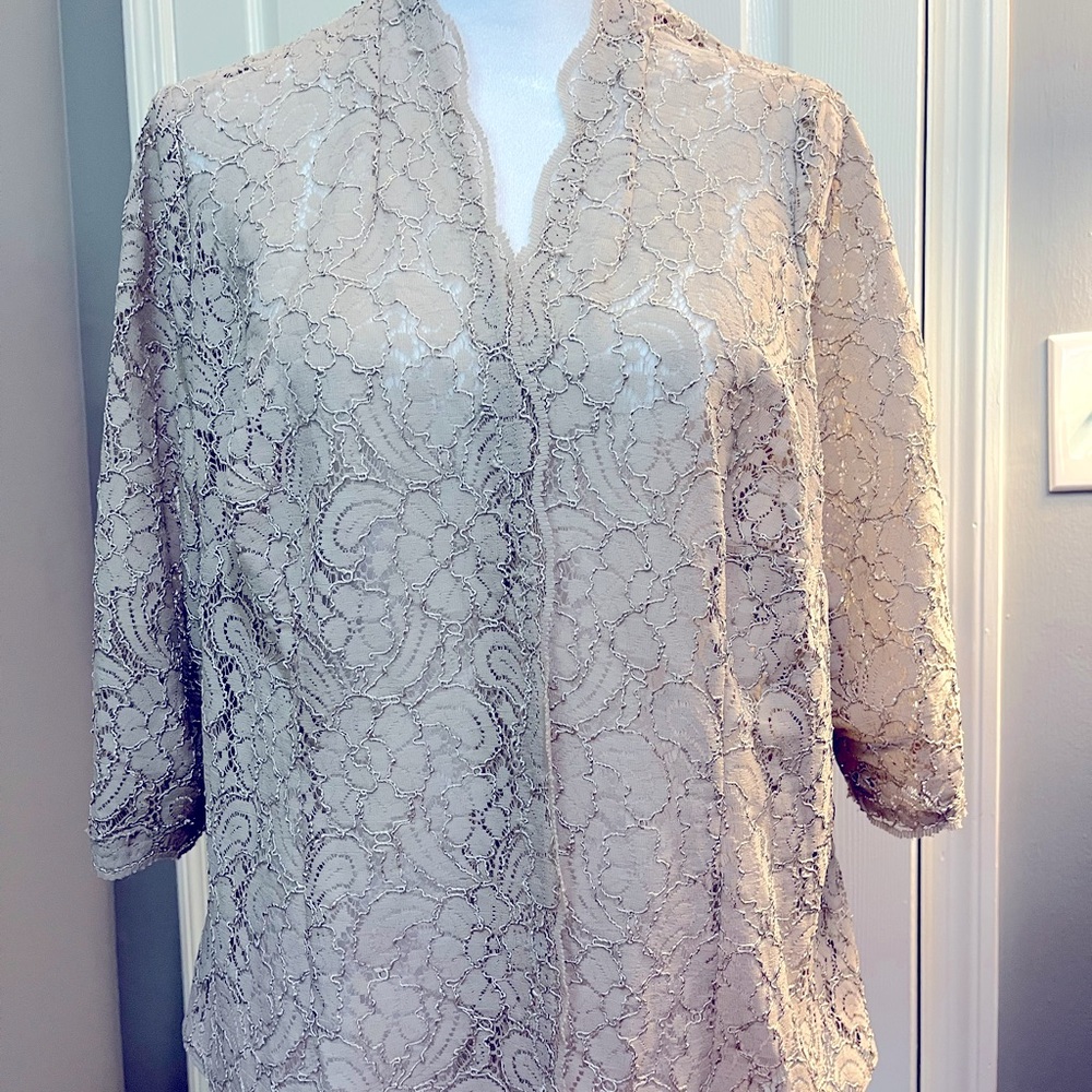 Scalloped lace overlay jacket. Delicate airy taupe. Size 22.